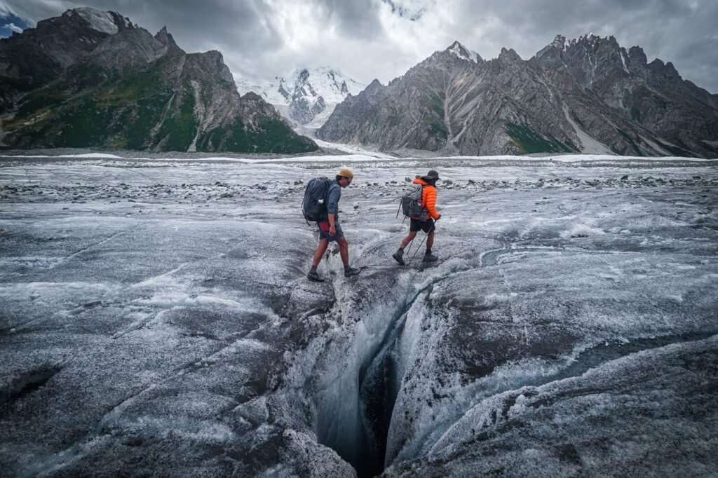 Trekkers are Trekking on a glacier in Gilgit Baltistan